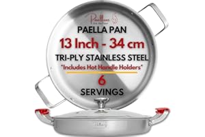 Paelluxe 13 Inch Tri-Ply Stainless Steel Paella Pan with Lid for 6 Servings - Includes Hot Handle Holders - Induction, Oven a