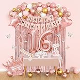Amandir Sweet 16 Party Decorations, 16th Birthday Decorations for Girls Rose Gold Pink Foil Number Balloons Table Cloth Crown Sash Fringe Curtains Happy Birthday Banner Butterfly Party Supplies