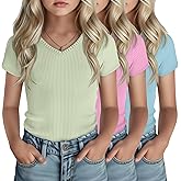 Oakgarden 3 Pack Girls Short Sleeve Shirts V Neck Ribbed Fitted Knit Tops Stretchy Casual Basic Solid Kids Tee 5-14y