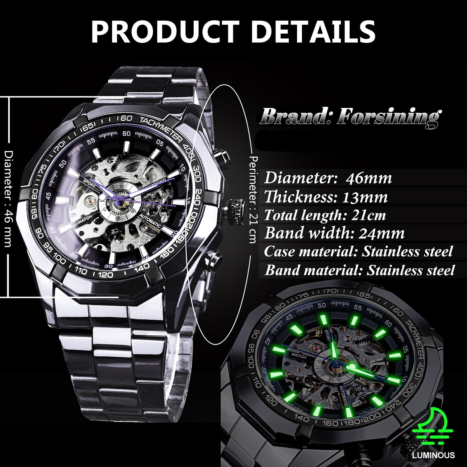 FORSINING Mens Watches Automatic Skeleton Hollow Mechanical Automatic Luxury Watch Blue Black Stainless Steel Band Waterproof Wrist Watch, silver black, Modern