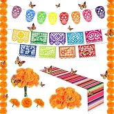 Dia De Los Muertos Ofrenda Decorations for Day of the Dead Altar 74 Pcs | 30 Marigold Flowers, 24 Monarch Butterflies, 9 Papel Picado, 8 Skull Banner, 2 Marigold Garlands, Table Runner, Mexican Decor