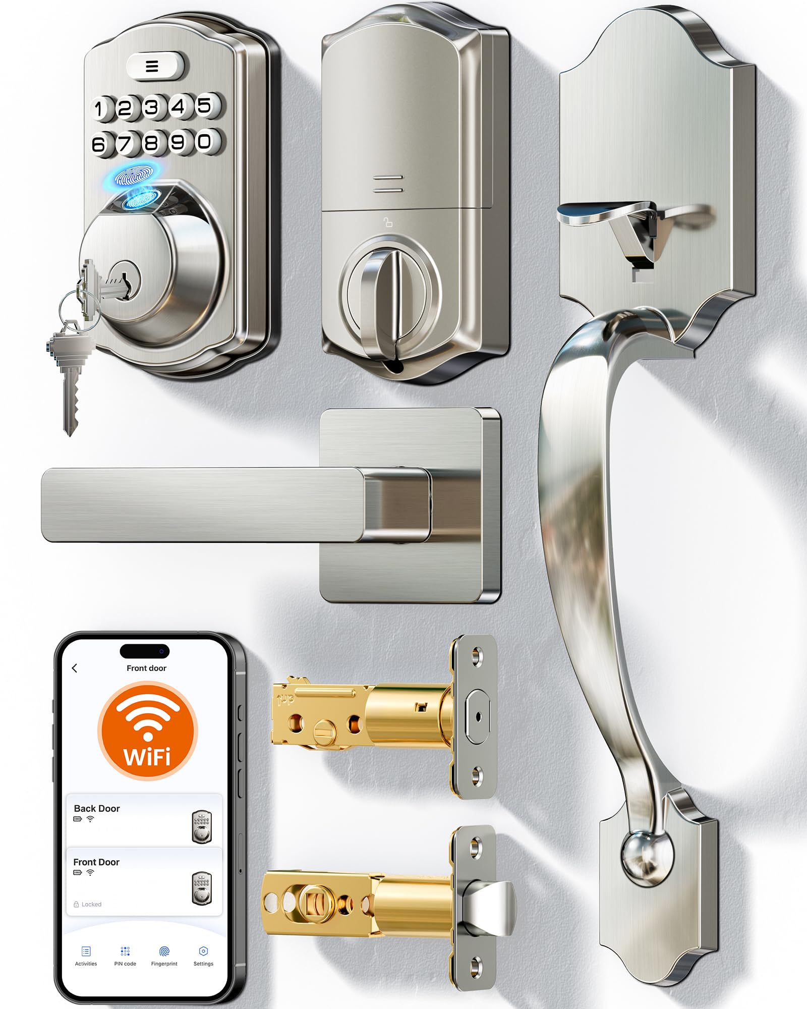 Photo 1 of Veise VE012W-H WiFi Smart Front Door Lock Set, Built-in WiFi, App Remote & Voice Control, Fingerprint Keyless Entry Smart deadbolt with Handle, Backlit Keypad, Auto Lock, IP55 Waterproof, Satin Nickel