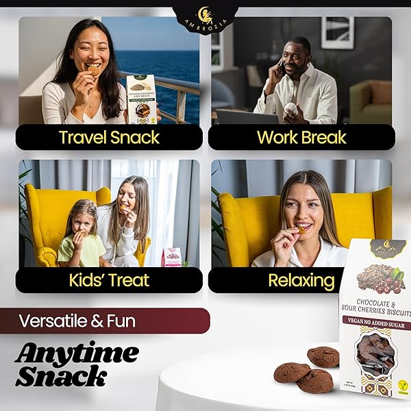 AMBROZIA VEGAN SNACK BISCUITS – CHOCOLATE & SOUR CHERRY – SOFT BAKED, NO ADDED SUGAR, CLEAN LABEL, HIGH FIBER & WHOLESOME INGREDIENTS, KID-FRIENDLY, HEALTHY SNACKS FOR ACTIVE LIFESTYLES, 4 X 4.58 OZ