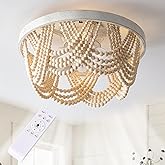 OPKMB Boho Wood Beaded Ceiling Fan with Light and Remote, 20 Inch Low Profile Flush Mount Retro Fan Lights Fixture,6-Speed Re