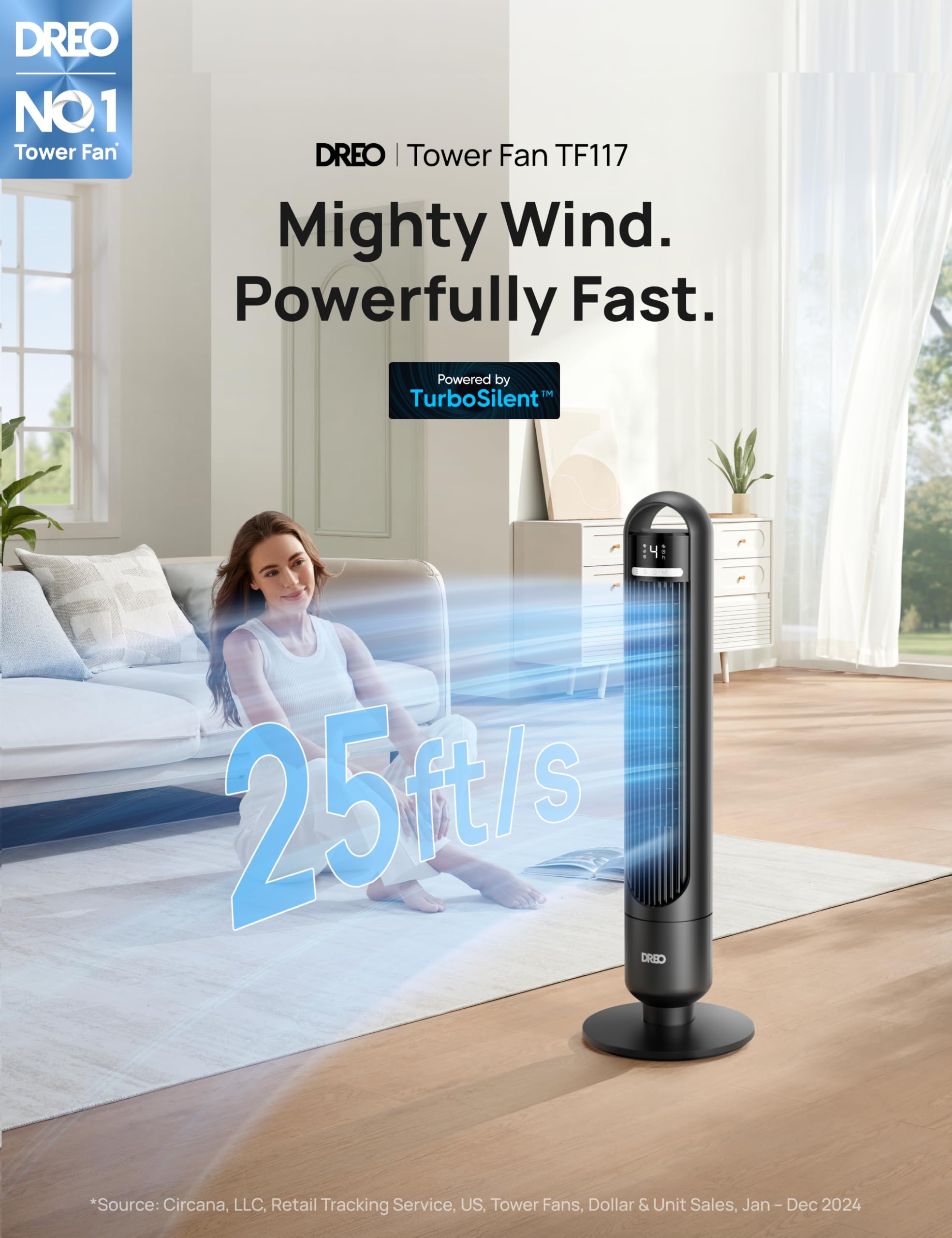 Dreo Tower Fan for Bedroom, 90° Oscillating Standing Fans for Room with 4 Speeds, 3 Modes, 28dB Quiet for Sleep, 25ft/s Velocity, 8H Timer, Remote, Living Room, Office, Home, Black, TF117