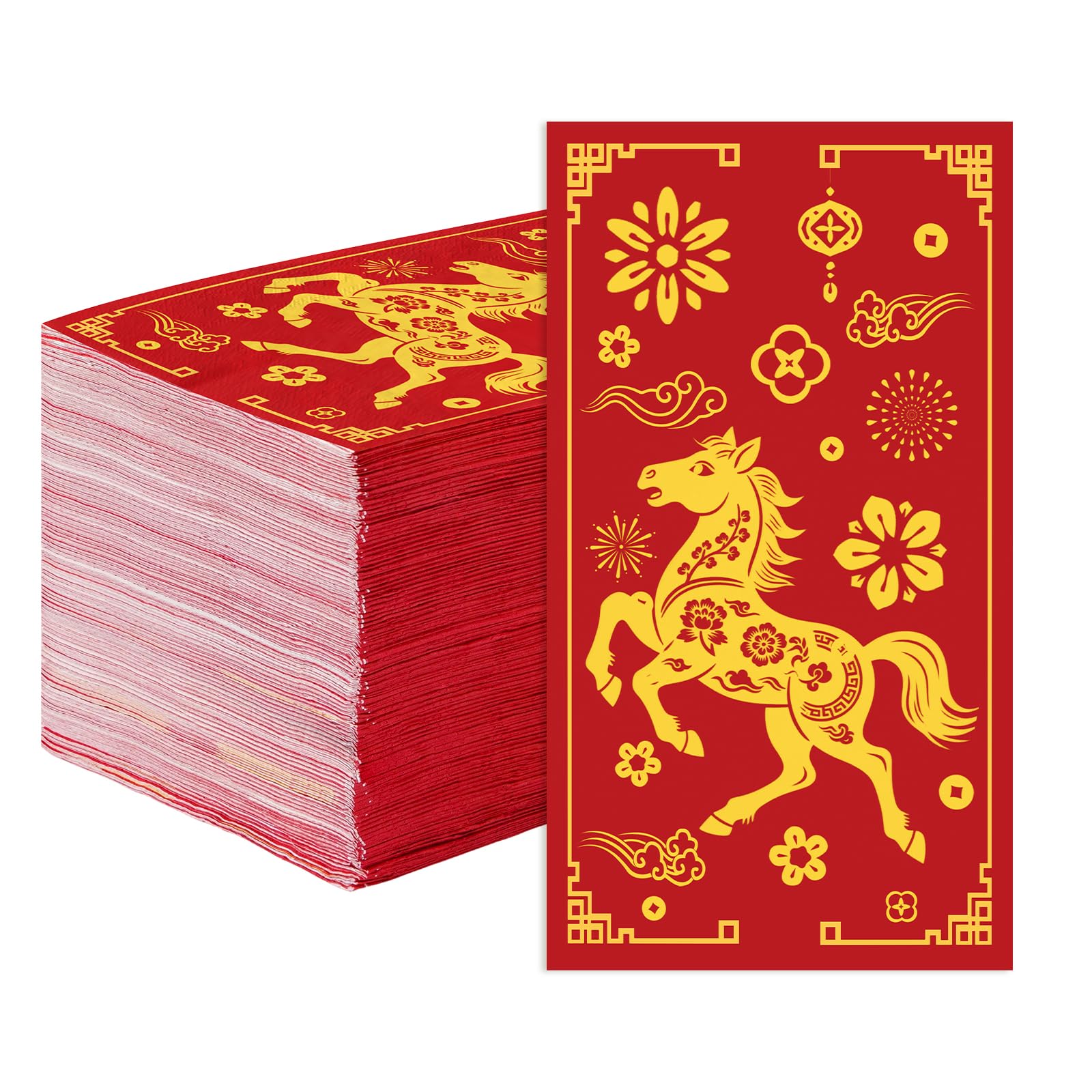 Photo 1 of 100Pcs Chinese New Year 2026 Paper Napkins 3 Ply Red Gold Foil Horse Disposable Absorbent Hand Towels Year of the Horse Guest Napkins for Spring Festival Luncheon Dinner Bathroom Supplies Table Decor