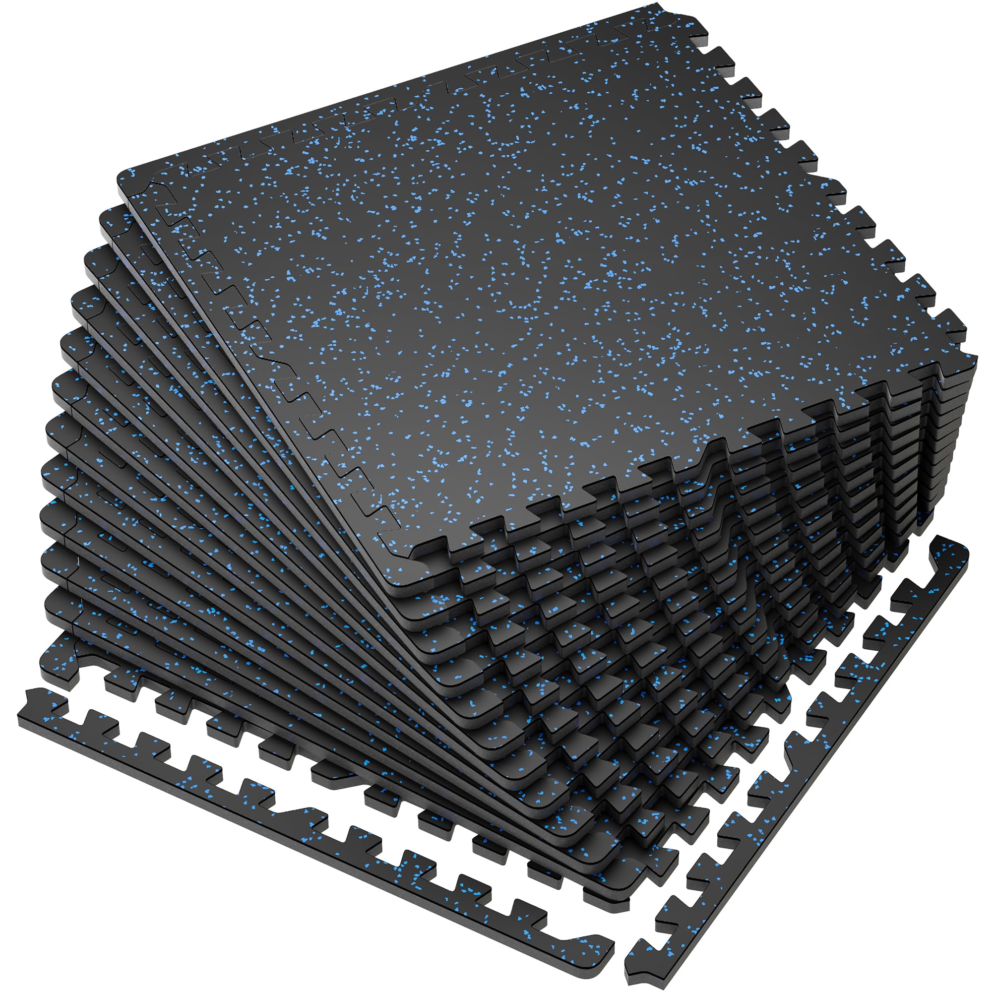 SUPERJARE 0.56'' Thick 12 Pcs 48 Sq Ft Rubber Top Exercise Equipment Mats, High Density EVA Foam Mats with Rubber Top, Interlocking Gym Flooring for Home Gym, Protective Workout Mat, Black/Blue Image