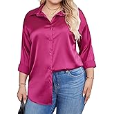 IN'VOLAND Womens Plus Size Satin Blouse Button Down Shirts Casual V Neck Long Sleeve Office Work Tops