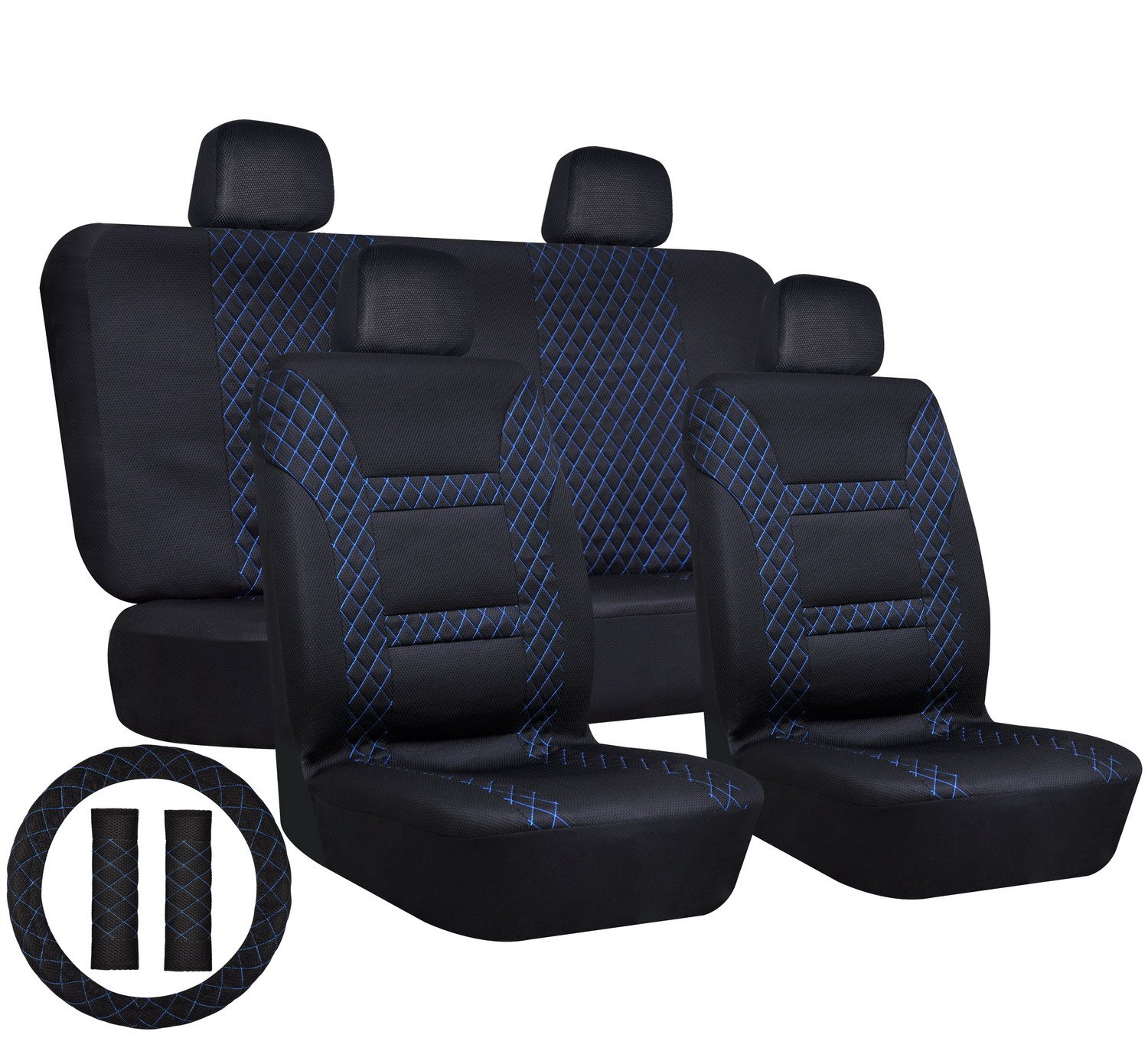 Full Car Seat Cover Universal Cover Breathable Durable Practical Car Seat Protector Cover Detachable Headrests and Solid Bench Black & Blue
