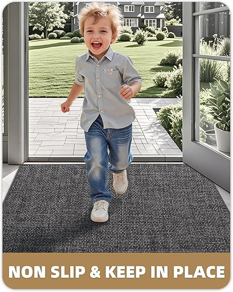 COLOR&GEOMETRY LARGE THIN FRONT DOOR MAT INDOOR ENTRANCE NON SLIP RUBBER BACKED, 32″X48″ INDOOR DOOR MATS FOR ENTRYWAY, DIRT TRAPPER DOUBLE DOORMAT, WASHABLE FRONT DOOR RUGS, CHARCOAL GREY