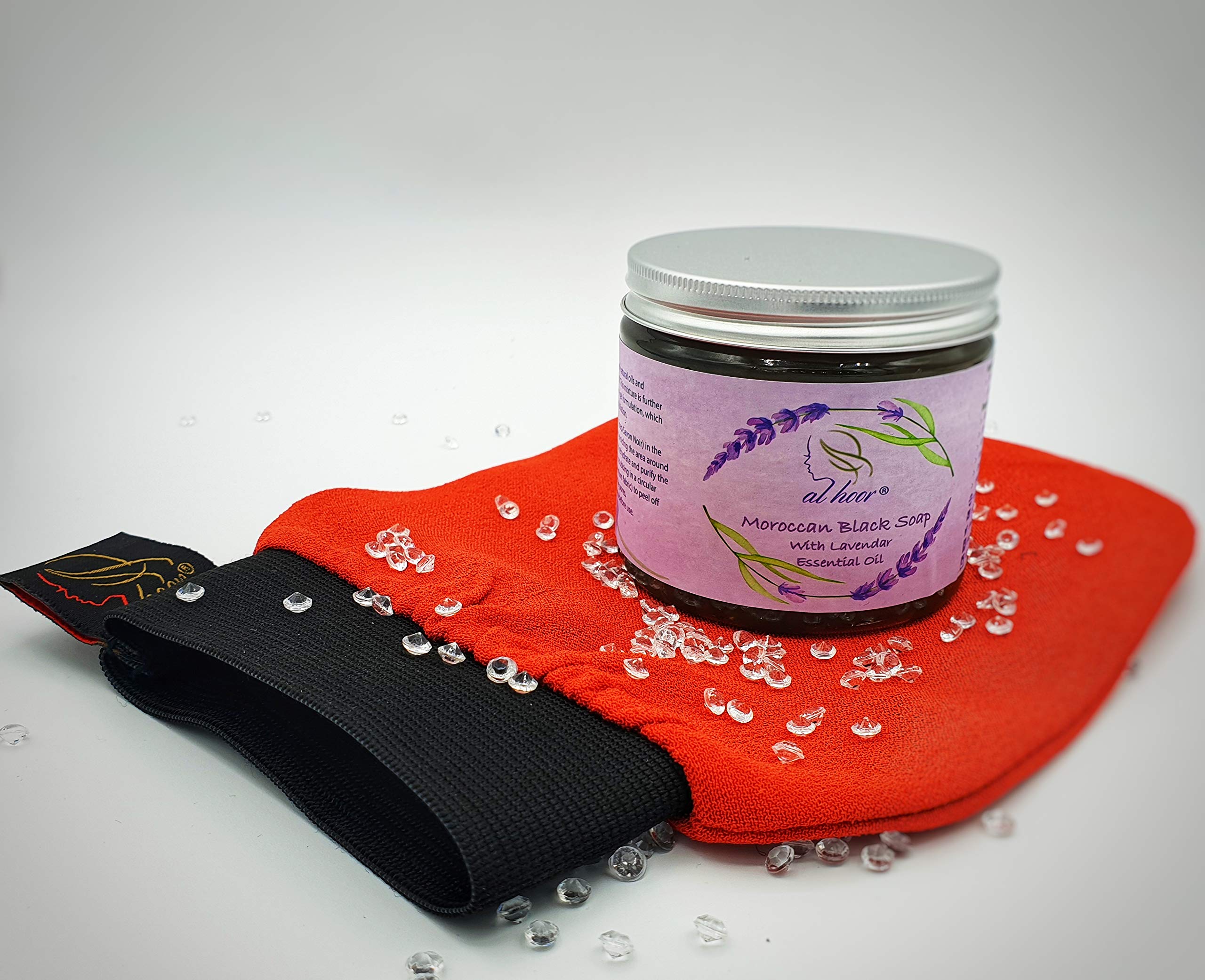 AL HOOR Moroccan Black Olive Soap Infused In Eucalyptus Oil + Kessa Glove - Deep Acne Cleansing & Dead Skin Cells Remover (Lavender)