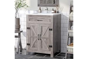 VINGLI 24" Farmhouse Bathroom Vanity with Sink, Undermount Vanity Sink Cabinet with Barn Door &Shelf,Free Standing Small Bathroom Storage Cabinet with Single Hole Ceramic Basin Combo Set,Washed Gray