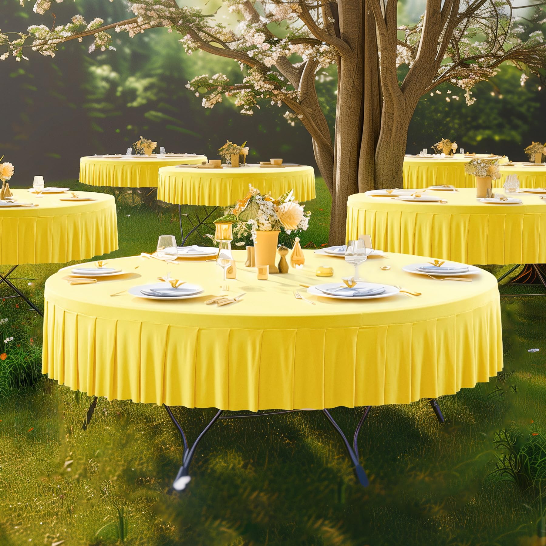 2 Pack Yellow Round Spandex Tablecloth for 72 inch Table, Wrinkle Free Stretchy 120inch Fitted 6FT Round Table Cloths Cover with Skirt for Wedding Birthday Party Dining Banquet Events