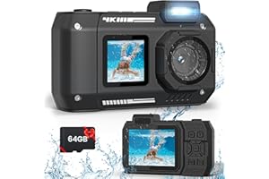 FOHOA 33FT Underwater Camera with 64G Card, 4K 48MP Waterproof Camera Rugged Dustproof Shockproof for Snorkeling, Autofocus Selfie Digital Camera for Diving, Dual-Screen Underwater Photograph Camera (Black)