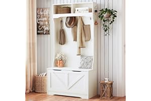 HOOBRO Hall Tree with Bench and Shoe Storage, Wooden Entryway Bench with Coat Rack, Flip-Down Cabinet Door, Coat Rack with Sh