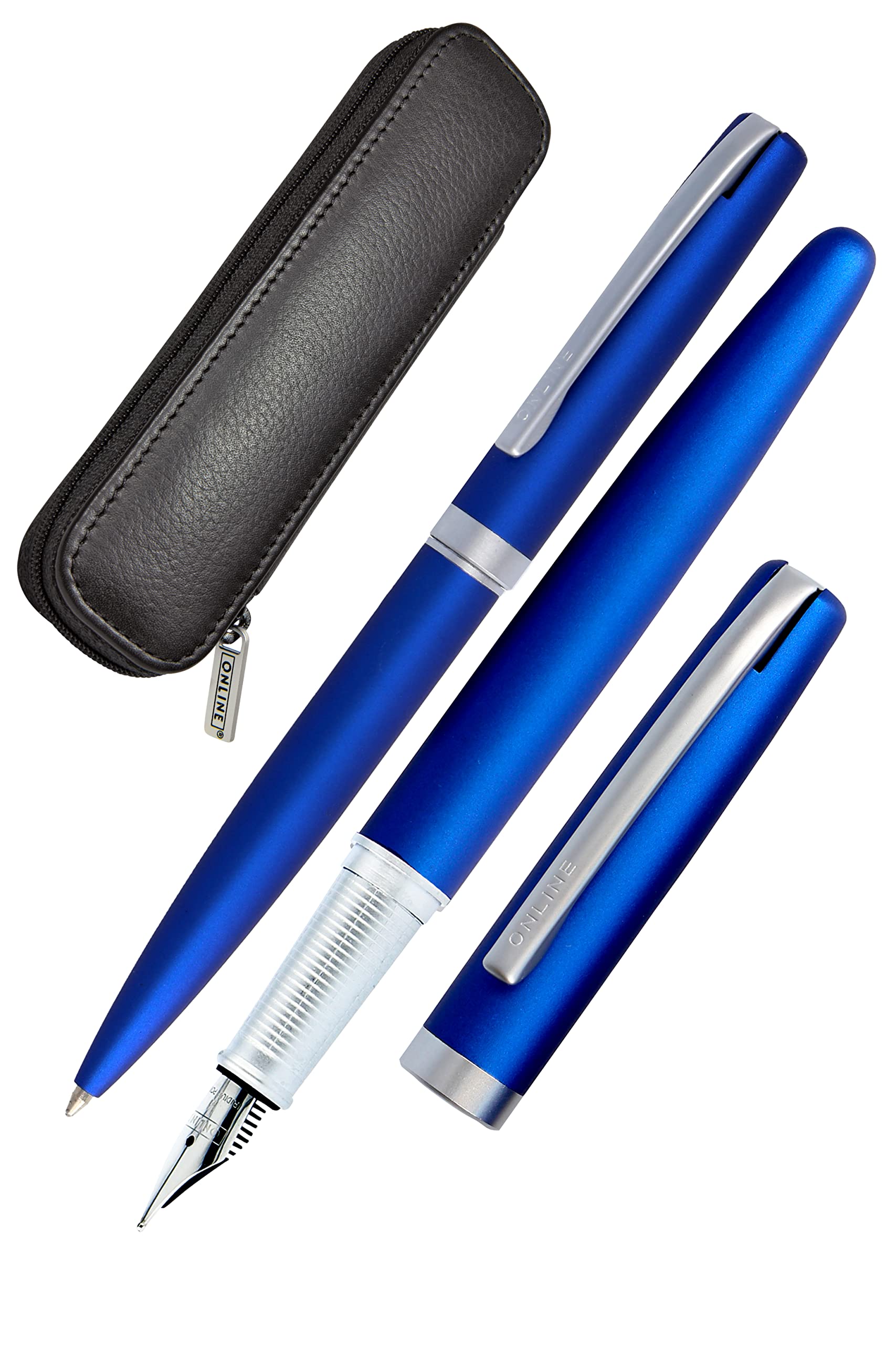 Online Set Eleganza Fountain Pen & Ballpen I Satin Blue I Nib Size M I Metal Clip I Retractable Biro I Fountain-Pen for Standard Ink Cartridges Or Converter I In Gift Box