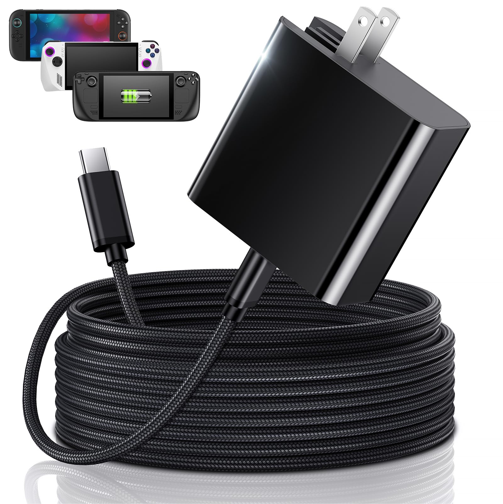 65W USB C Fast Charger for Steam Deck, Nintendo Switch 2 & ROG Ally - MENEEA PD3.0 Foldable AC Adapter with 10FT Cable,for TV Dock/Switch 2 Charger - Consoles for PlayStation Systems