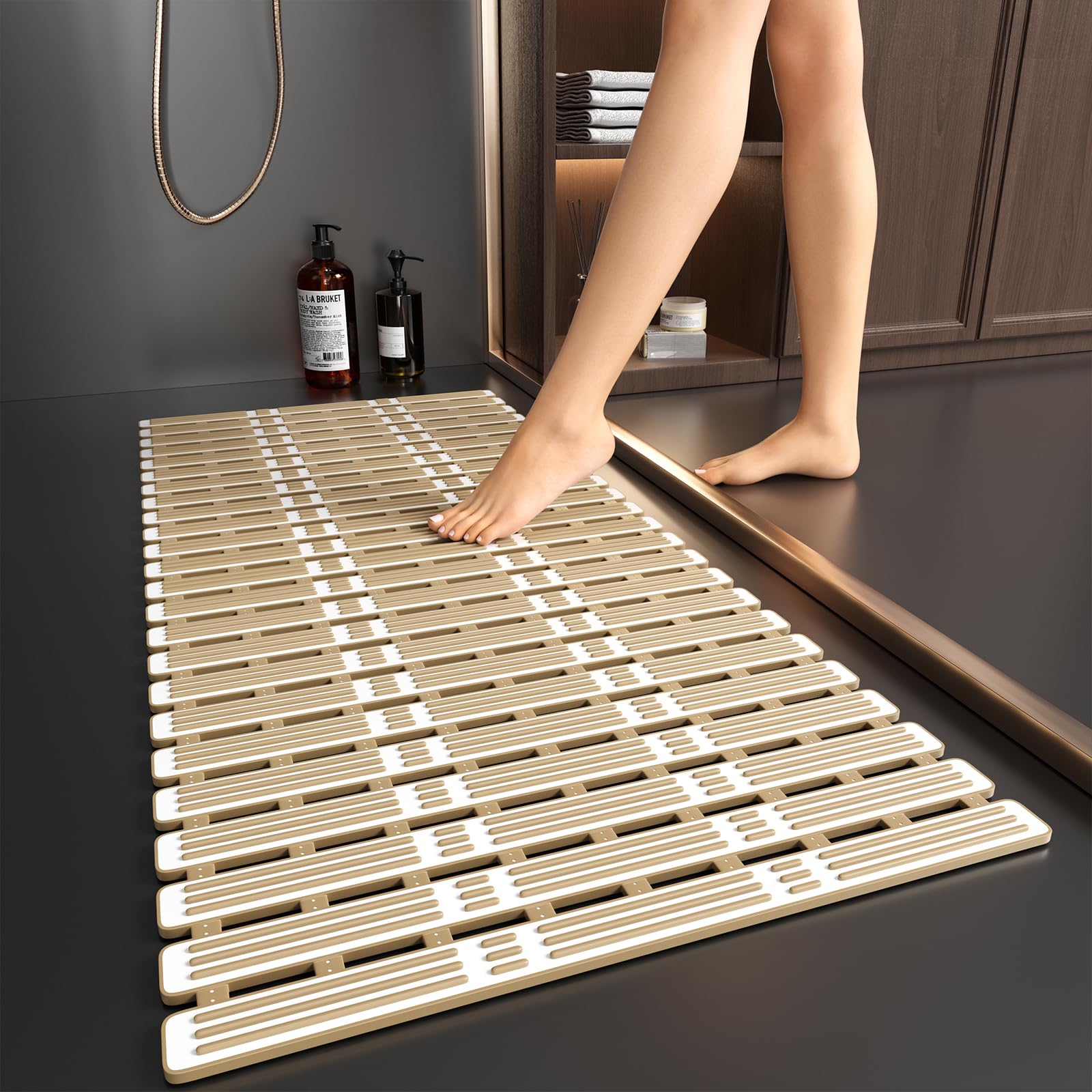 XIYUNTE Large Shower Mat Non Slip Anti Mould for Elderly- 90x40cm TPE Bath Mat Non Slip Shower Mats for Inside Shower, Anti Slip Shower Mat with Suction Cups, Rubber Bath Mat, Cut to Size, Brown