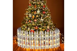 Sasylvia Christmas Wooden Tree Fence with LED String Light Xmas Wooden Picket Fence Holiday Indoor Garden Fence for Christmas Tree Garden Grass Lawn Party Decorations(Height 16 inch, Length 11 FT)