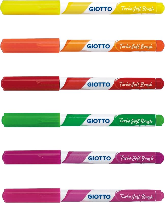 Turbo Soft Brush, Rotuladores con punta de pincel, Punta de Pincel soluble al agua, Colores Fluo Surtidos, 6 unidades