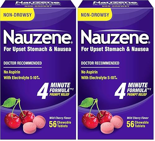 Nauzene - Non-drowsy Upset Stomach & Nausea Relief - Wild Cherry Flavor Chewable Tablets - 56 Ct (Pack of 2)