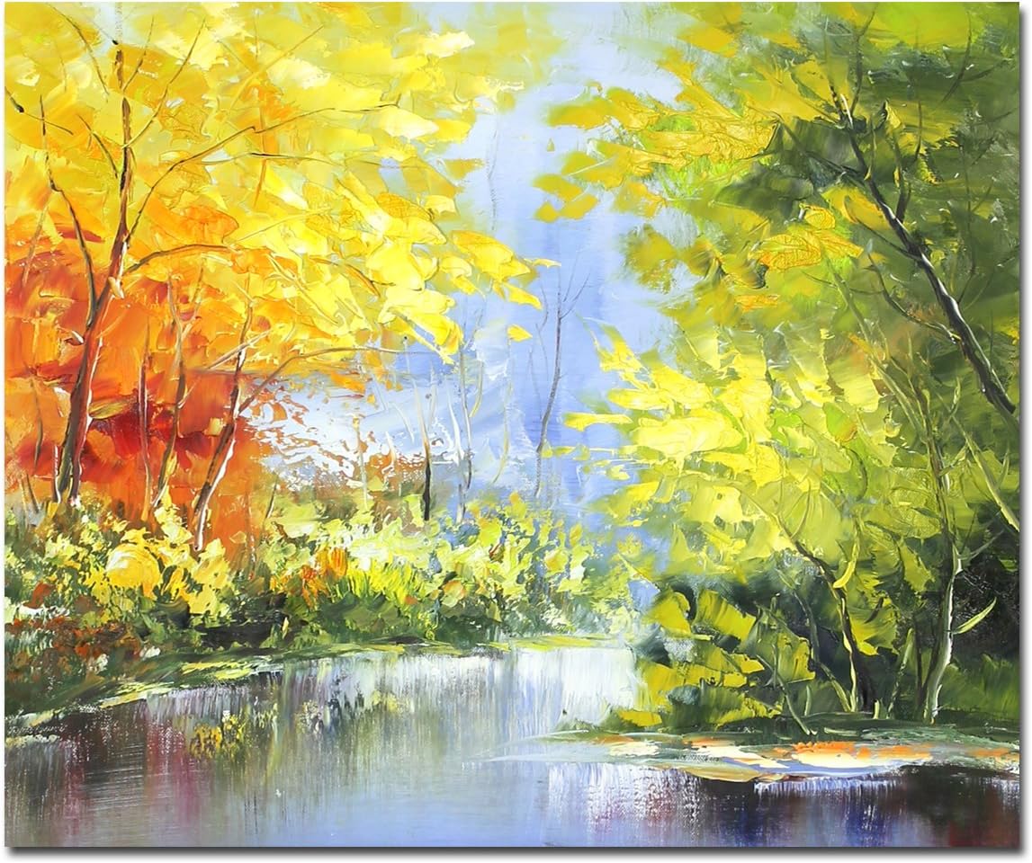 Muzagroo Art Landscape Oil Paintings Original Art Tree Pictures for Living Room Wall Canvas Paintings(Yellow, 20x24in)