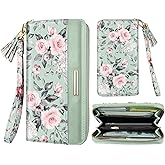 Coco Rossi Women Wallets Multi Card Case Wallet Clutch Wallet Card Holder Organizer Ladies Purse Tassel Wrist strap Purse,Green Flowers