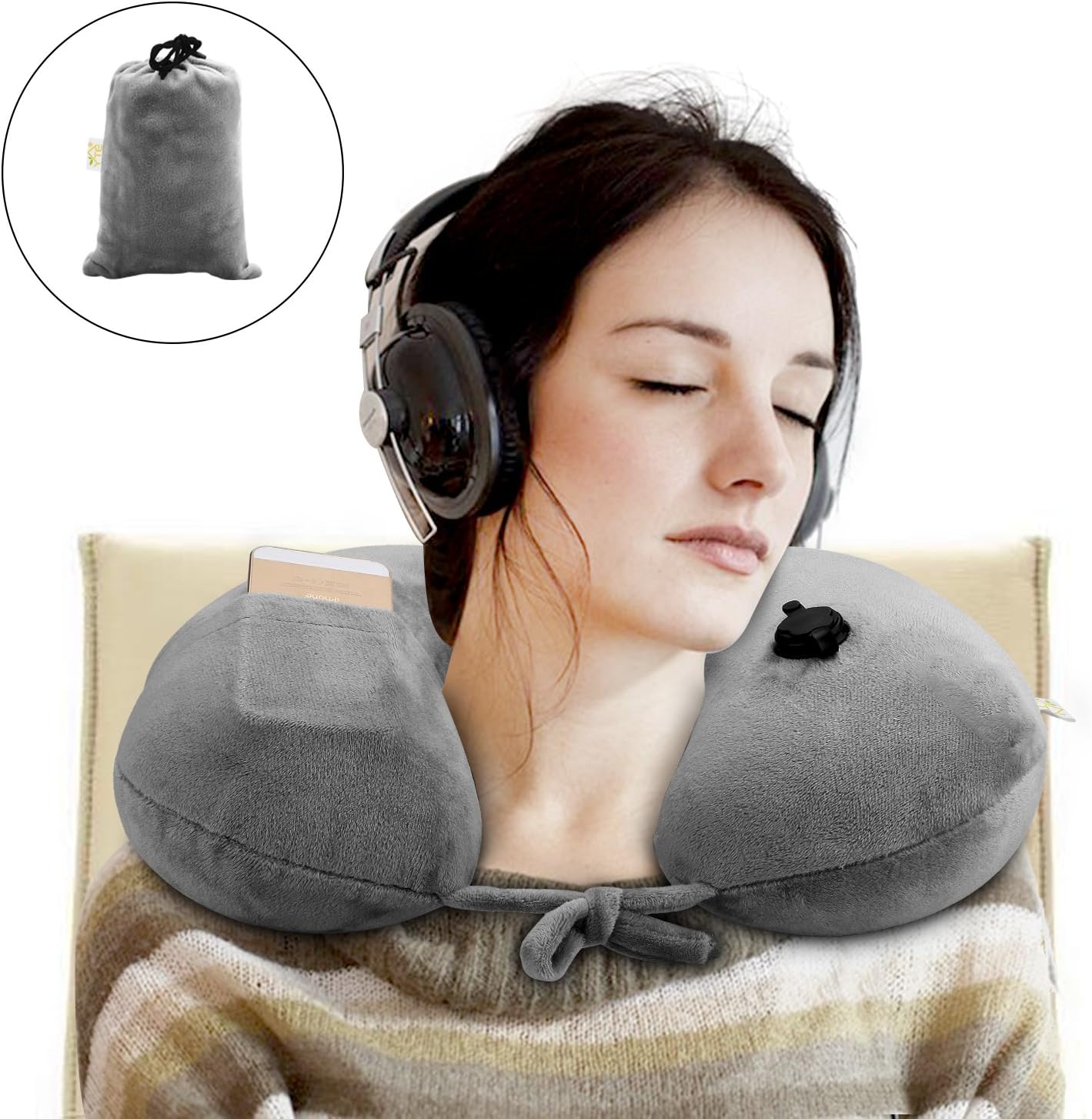 YTE Travel Pillow Soft Velvet Inflatable Neck Pillow with Pocket Design and Carrying Bag for Sleeping on Airplane, Car, and Train