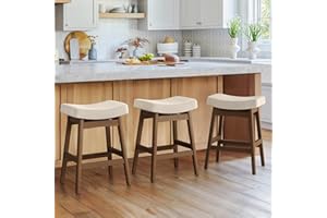 Cozyman Bar Stools Set of 3, Barstools with Sturdy Wood Legs, Saddle Seat Counter Height Bar Stools for Kitchen Counter, Bar, Dining, 24 Inch Farmhouse Counter Stools, Linen Fabric