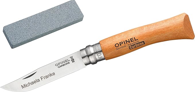 Opinel No.7 Carbon Set: Taschenmesser + Schleifstein, Incl. Wunschgravur auf der Klinge in Geschenk-Schachtel