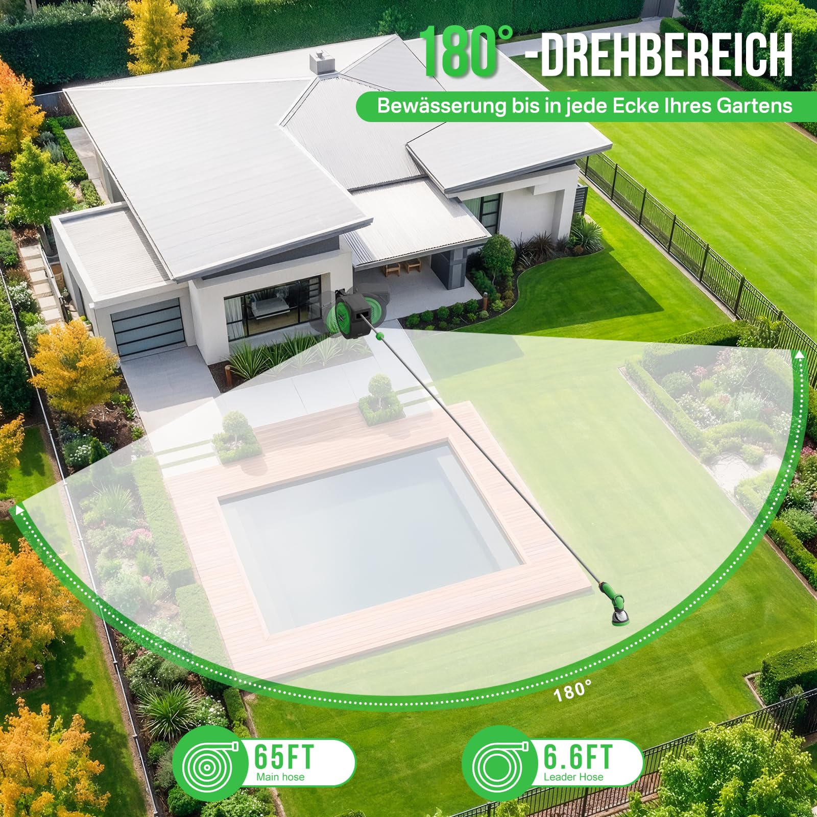 Schlauchtrommel Gartenschlauch Trommel mit 180° Schwenkbarer,Wand-Schlauchbox 10-fach Verstellbarer Düse, Automatischem Rückzugssystem und Arretierung in Jeder Länge für Garten 5