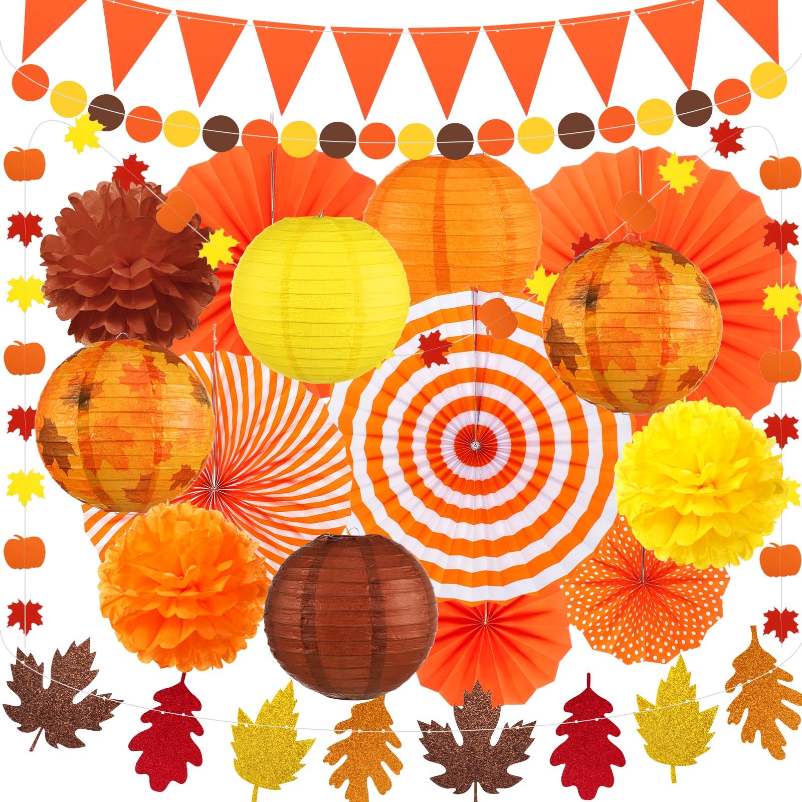 Photo 1 of Yexiya 18 Pcs Fall Party Decoration Thanksgiving Party Supplies Includes Yellow Orange Brown Hanging Paper Lantern Autumn Paper Fans Pompoms Maple Fall Leaf Garlands for Thanksgiving Harvest Wedding