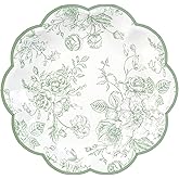 Elyxio 24 Pcs Green Floral Party Plates Vintage Floral Leaf Disposable Paper Plates Wildflower Sage Green Toile 7" Scalloped Rim Dessert Plates for Spring Easter Birthday Bridal Tea Party Supplies