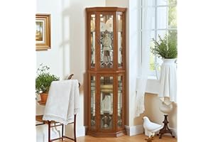Eyisean Lighted Glass Display Cabinet, 70" H Corner Curio Cabinet with 6 Tempered Adjustable Shelves, China Cabinet with Vintage Carved Decoration, Light Blub Included, Rack for Living Room (Oak)