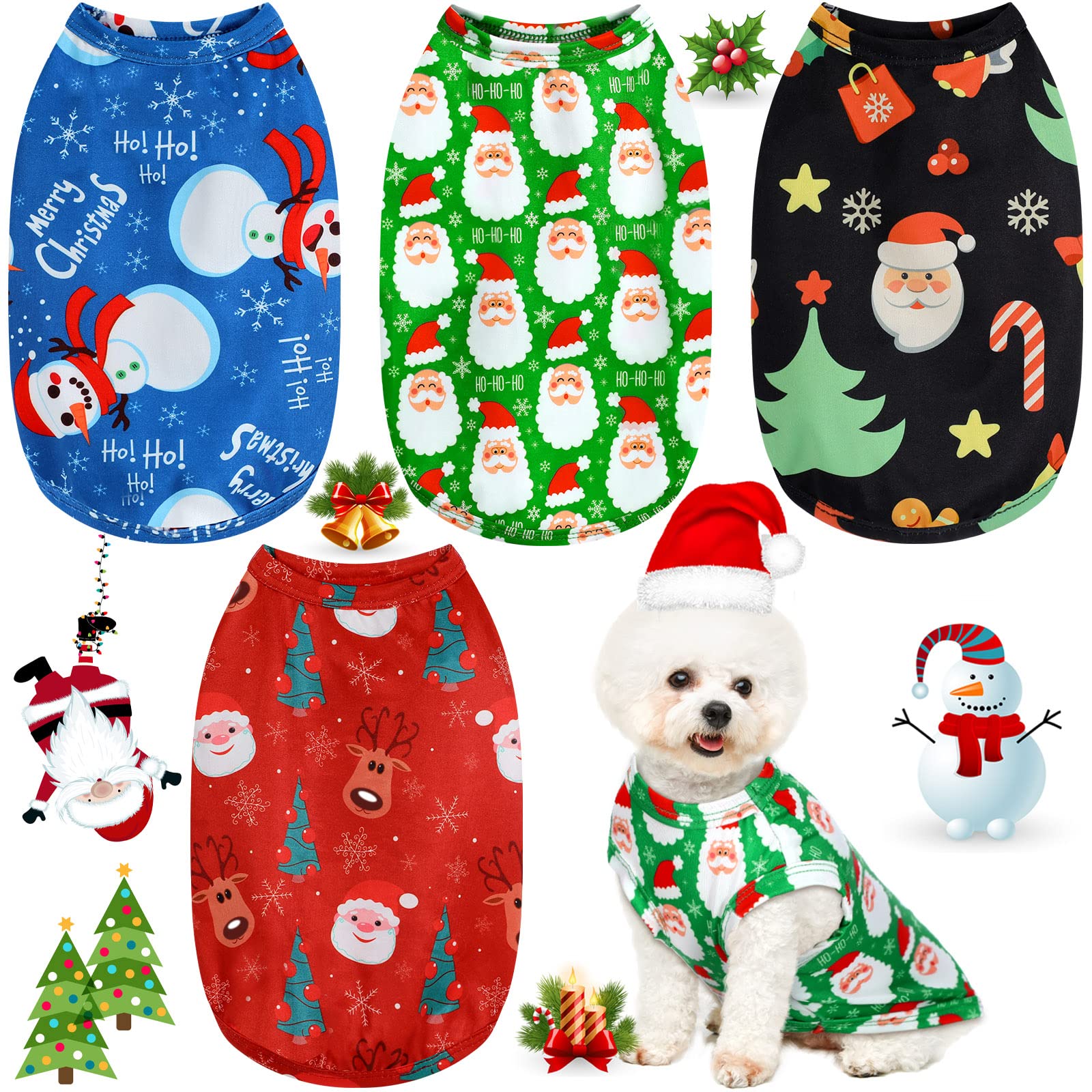Photo 1 of 4 Pieces Dog Christmas Shirt Breathble Pet Vest Puppy Santa Vest Red and Green Snowman Reindeer Dog Shirt Xmas Tree Snowflake Cat Puppy Outfits Xmas Pet Clothes for Christmas Party(L)