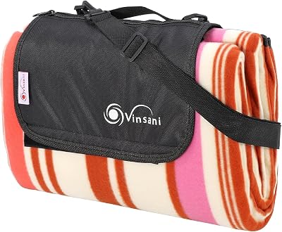 Vinsani Foldable Picnic Blanket 170 x 130 cm Pink Stripe Anti Slip Waterproof