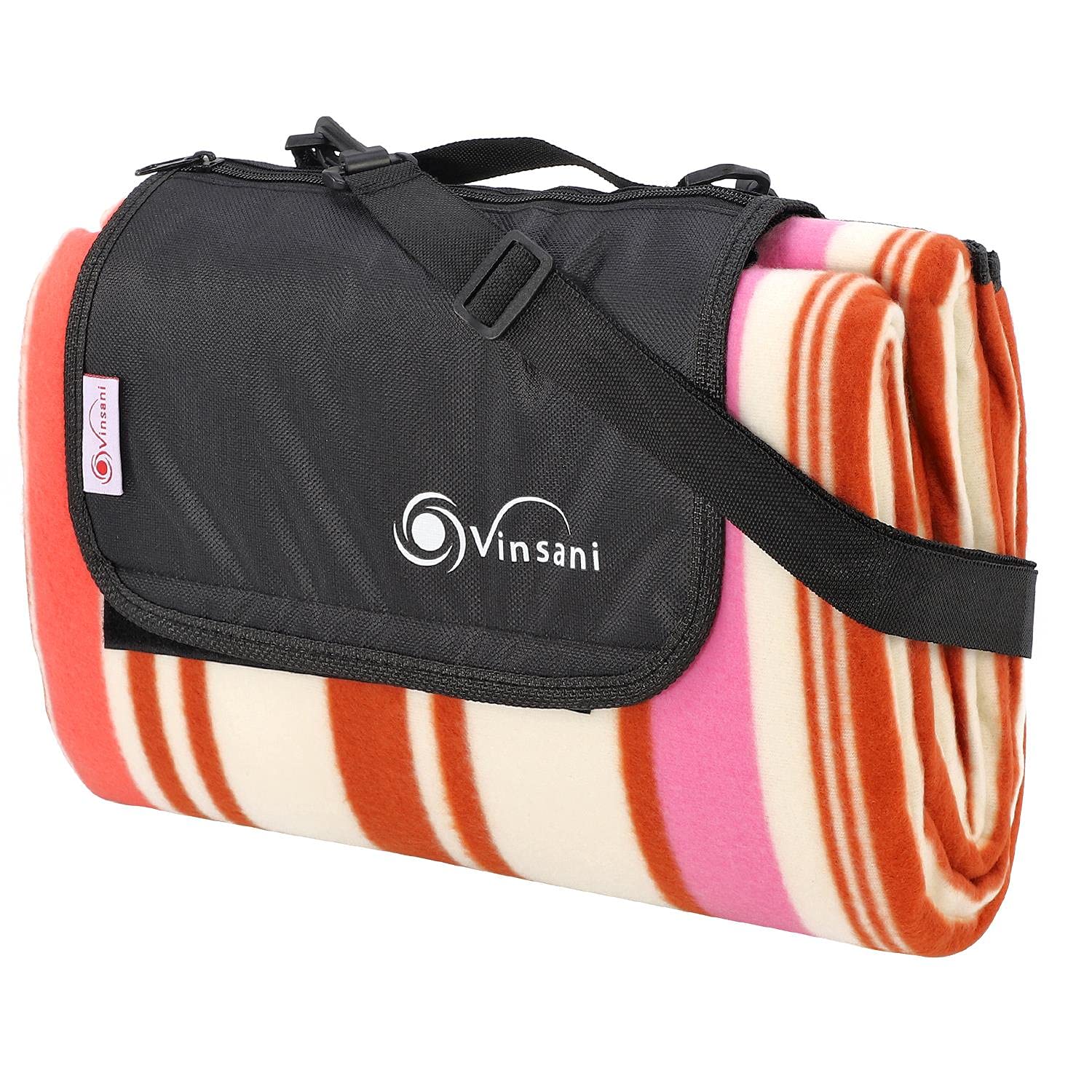 Vinsani Foldable Picnic Blanket 170 x 130 cm - Anti-Slip, Durable Waterproof & Sand Proof Outdoor Rug Mat for Camping, Beach, Hiking, Park & Garden, Easy to Carry, Machine Washable | Pink Stripe