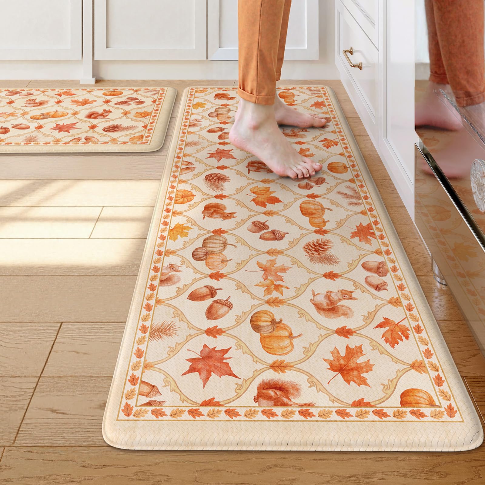 Photo 1 of KIMODE Autumn Kitchen Mats for Floor Cushioned Anti Fatigue,Fall Moroccan Pumpkin Maple Leaf Kitchen Decor Rugs Sets of 2 Non Slip,Memory Foam Ktichen Sink Mat for Laundry Home,Beige Orange