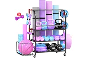 RM FOLD ART Home Gym Organizer - Yoga Mat Storage Rack, 400LBS Metal Gym Equipment Storage Cart with Large Basket & Movable Hooks, Dumbbell Rack & Weight Storage Racks for Workout Gear