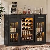 Lamtor Coffee Bar Cabinet with Fridge Space, LED and Outlet, Black | Wine Bar Cabinet, 2 Drawers, 2 Glass Doors, Adjustable Shelves, Kitchen, Dining Room, Home bar