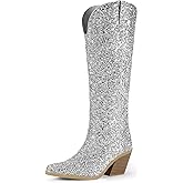 IDIFU IN3 Sparkly Cowboy Cowgirl Boots for Women Knee High Tall Long Glitter Dress Low Chunky Block Heel Sequin Sparkle Wedding Party Date Bride Ladies Bling Shiny Boots