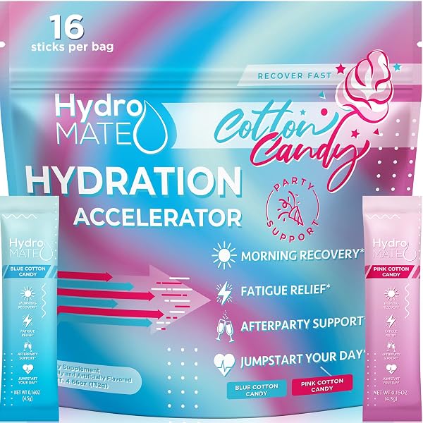 HYDROMATE ELECTROLYTES POWDER DRINK MIX PACKETS HYDRATION ACCELERATOR LOW SUGAR LOW CALORIE RAPID PARTY RELIEF RECOVERY PLUS VITAMIN C COTTON CANDY FLAVOR 16 STICKS