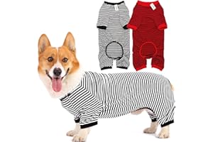 LEVIBASIC Dog Pajamas Cotton Striped Pup Jumpsuit, Breathable 4 Legs Basic Pjs Shirts for Puppy and Cat, Super Soft Stretchable Dog Jammies for Boys and Girls (Small, Black Red+Black)