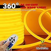IEKOV [Upgrade] 360&deg; LED NEON Light, AC 110-120V Flexible 360 Degree LED Neon Strip Light, Dimmable &amp; Waterproof NEON LED Rope Light+Remote Controller for Decoration (16.4ft/5m, Golden Yellow)