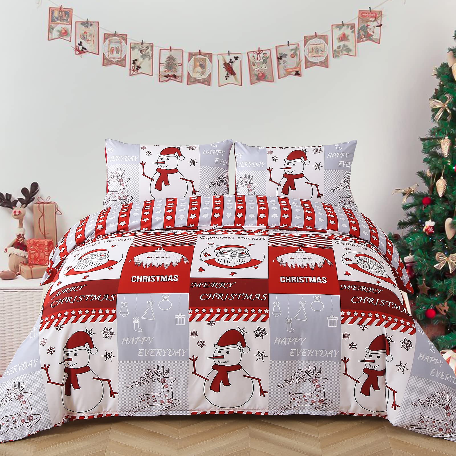 Photo 1 of Christmas Duvet Cover Set Queen Santa Claus Snowman Pattern Bedding Set Reversible Red Grey Striped Comforter Cover for Festive Bedroom Decor 3 Pieces Zipper Closure