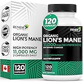 RENEW ACTIVES Premium Organic Lion's Mane Mushroom 11000 MG per Serving Size (10:1 Ratio) - Supports Brain Function, Memory, 