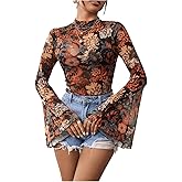 GORGLITTER Women's Floral Bell Sleeve Boho Crop Tops 70s Mesh Vinatge Western Country Concert Blouse