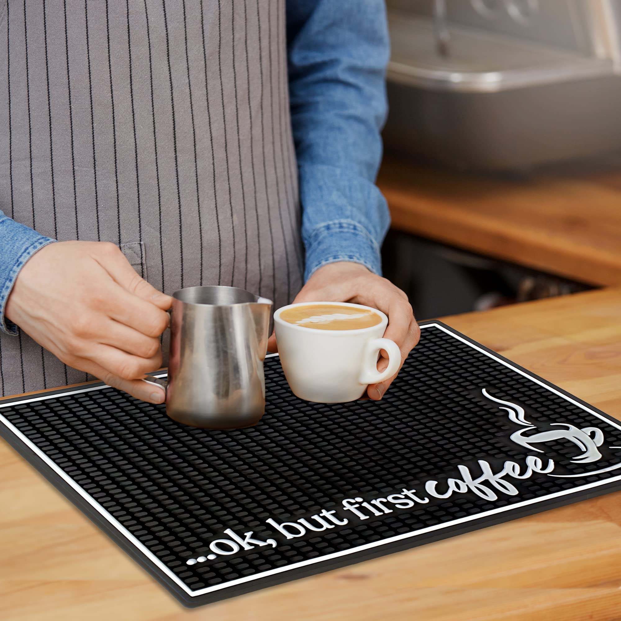 New Mungo Coffee Bar Mat – “Ok But First Coffee” – Spill-Proof PVC Coffee Station Mat, Non-Slip Countertop Protector 18