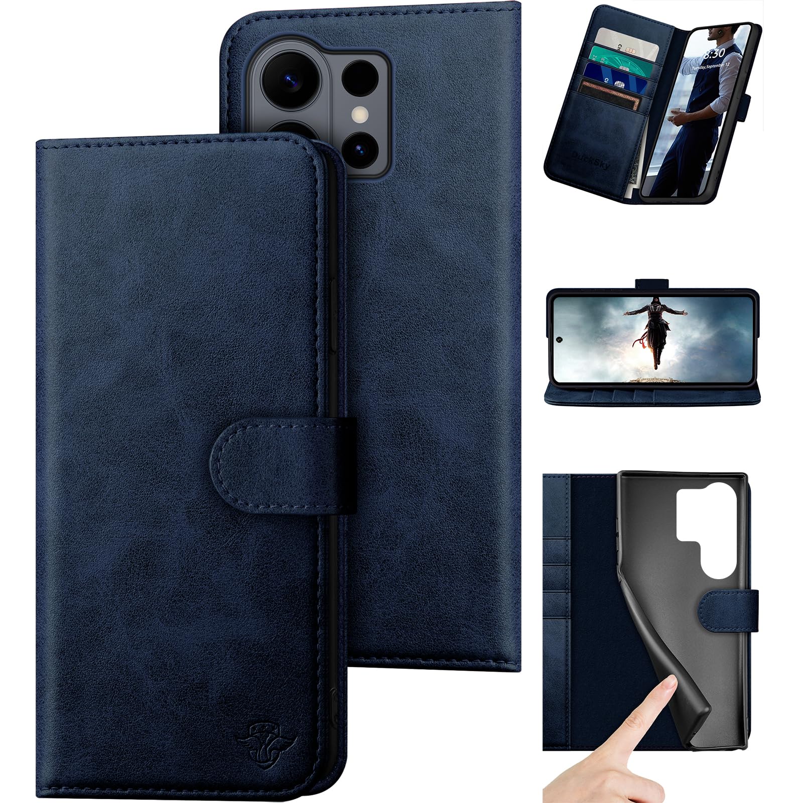 DuckSky Compatible with Samsung Galaxy S26 Ultra Genuine Leather Wallet case【RFID Blocking】【4 Credit Card Holder】【Real Leather】 Flip Phone case Cover Women Men for Samsung S26 Ultra case Dark Blue