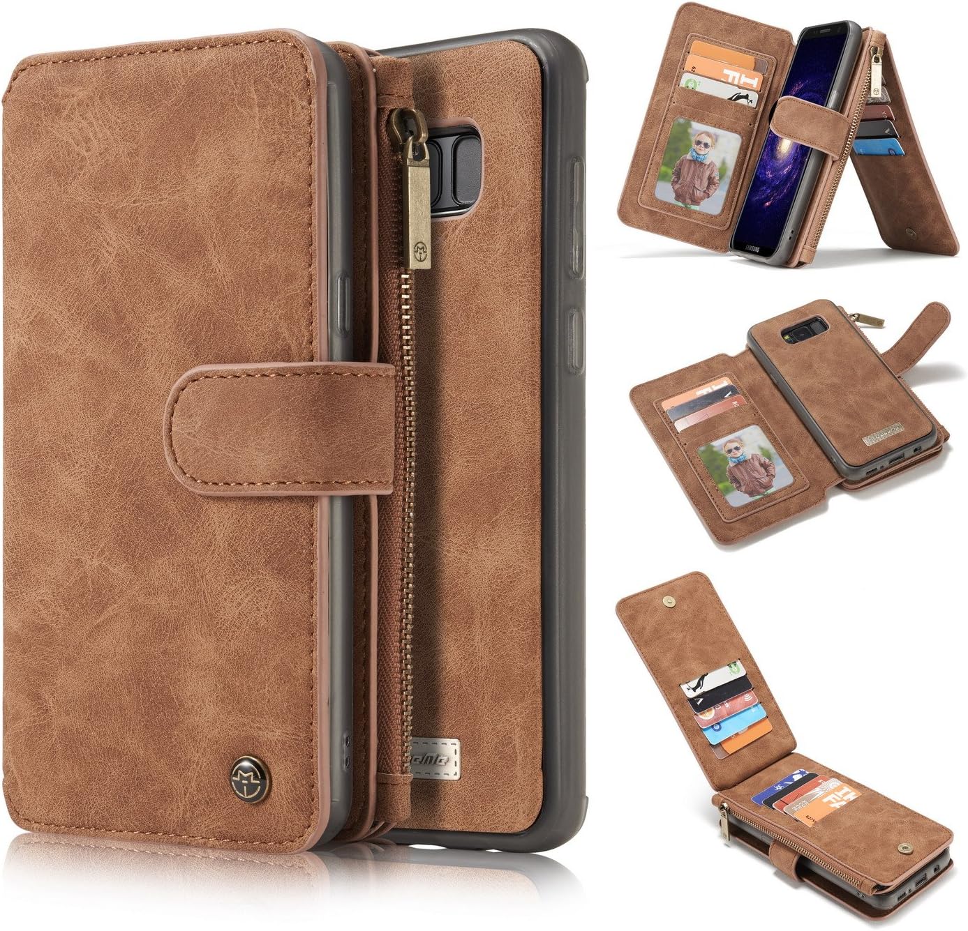 Samsung Note 8 Case,HIPICB Samsung Galaxy Note 8 Handmade Leather Detachable Magnetic Wallet Case Purse Clutch with Zipper and Large Capacity Card Slots for Samsung Galaxy Note 8 - Brown